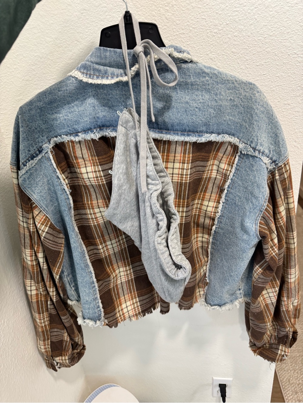 Oli and Hali Light Blue Distressed Denim Jacket with Brown Plaid Sleeves - Picture 3 of 4